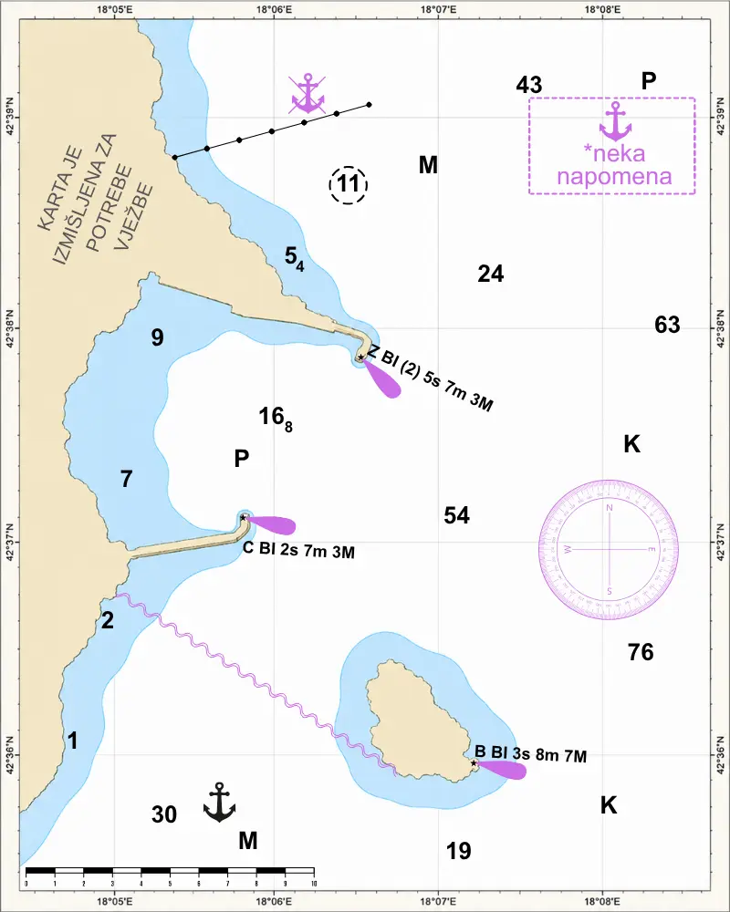 Vježbovna pomorska karta s navigacijskim oznakama, dubinama i simbolima
